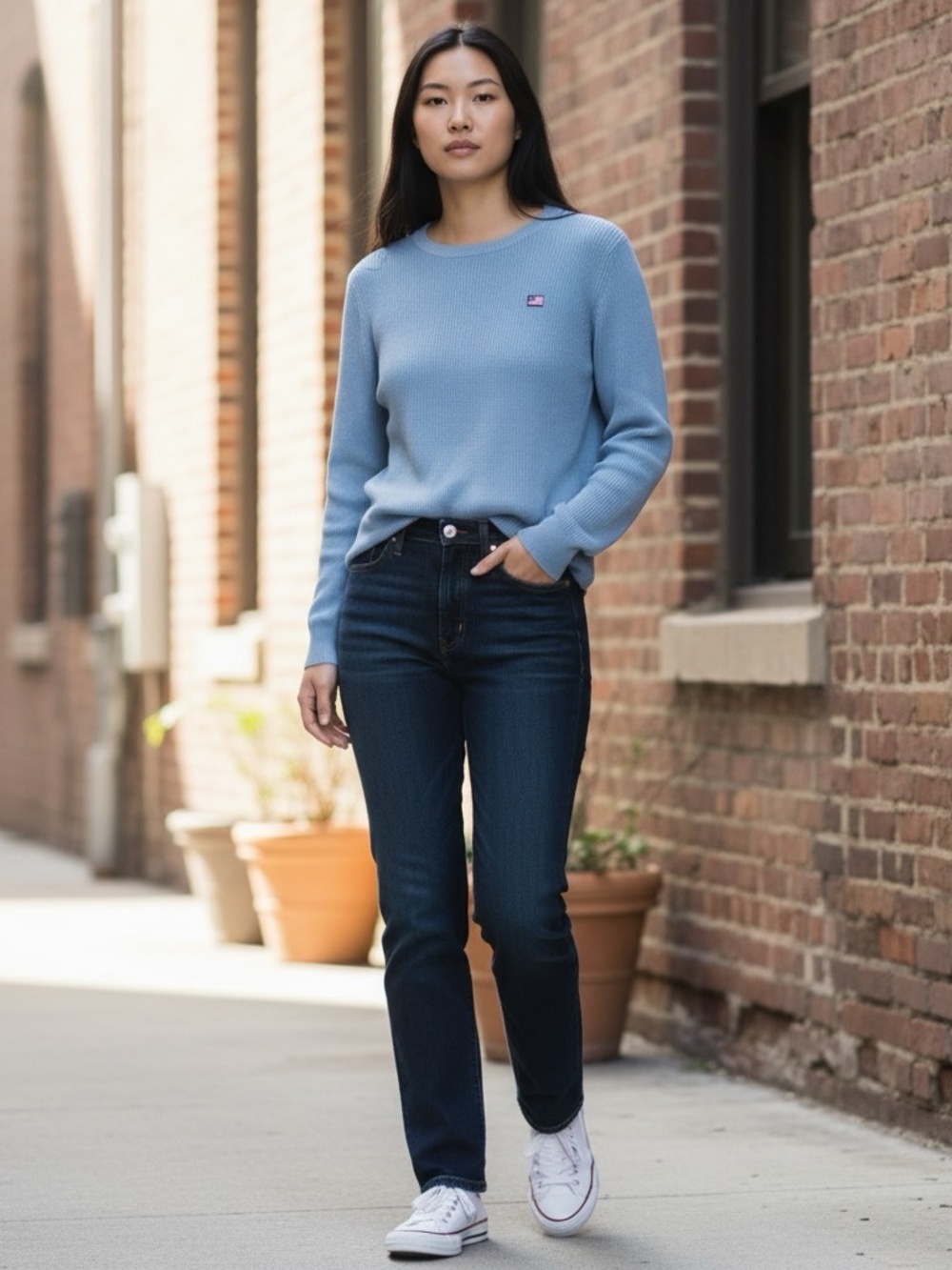 Ralph Lauren Polo Sport Blue Ribbed Long Sleeve Sweater with Logo Patch S
